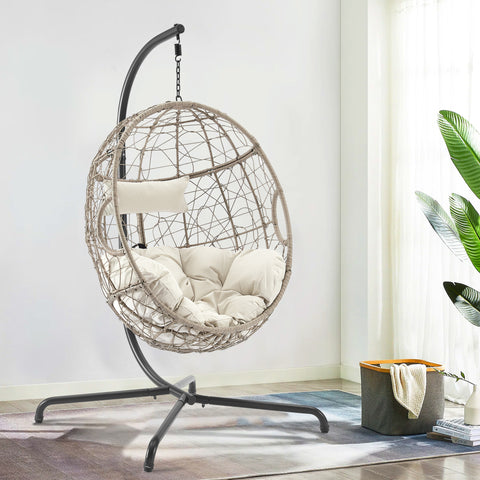 Rattan Wicker Hanging Egg Chair with Cushions and Stand